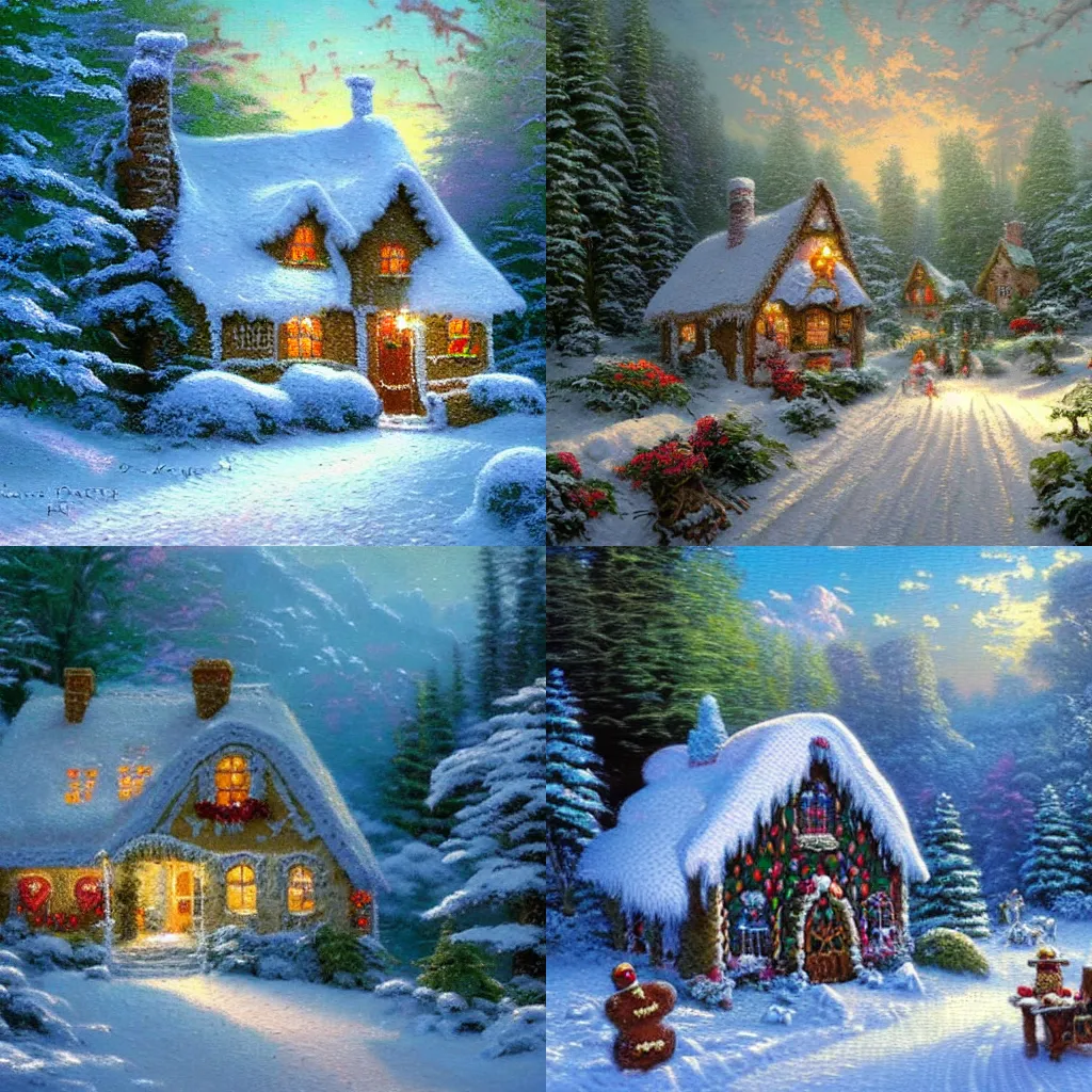 Prompt: thomas kinkade painting of a gingerbread house in the woods, forest, with snow