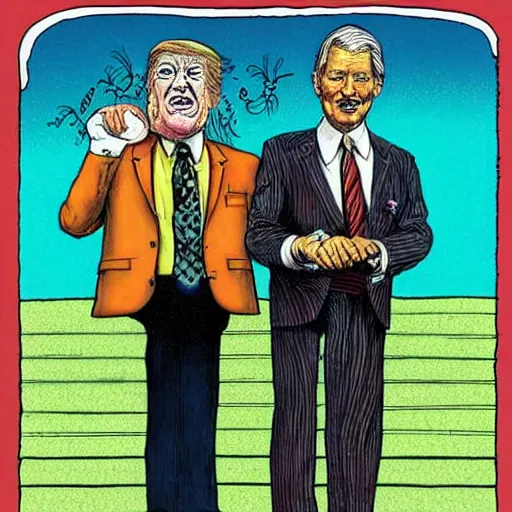 Image similar to !dream The Artwork of R. Crumb and his Cheap Suit Donald Trump and Jared Kushner, pencil and colored marker artwork, trailer-trash lifestyle