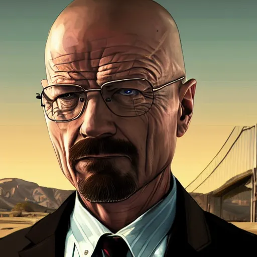 Prompt: walter white in gta v, cover art by stephen bliss, artstation, no text