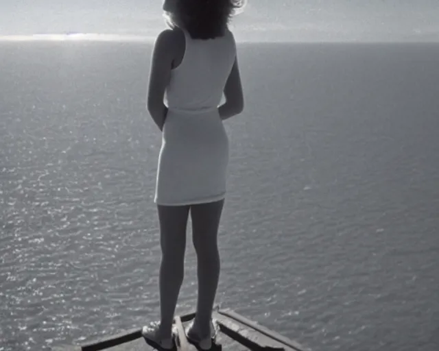 Image similar to a still of a young woman standing on a huge concrete white deck, high above the ground, of a minimalist beach house, outside view, low angle, clear sky and background, in the music video Wrapped Around your Finger (1983)