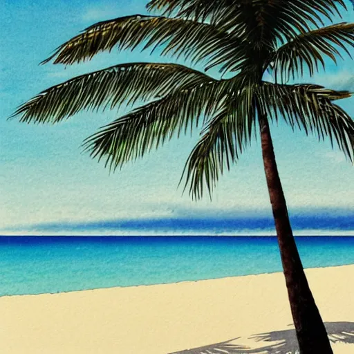 Image similar to Okinawa beach with blue skies and palm trees, intricate, watercolor, by Hiroshi Nagai, trending on Artstation