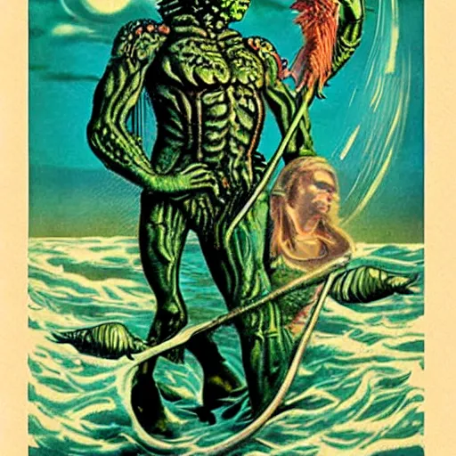 Image similar to vintage pulp art creature from The black lagoon