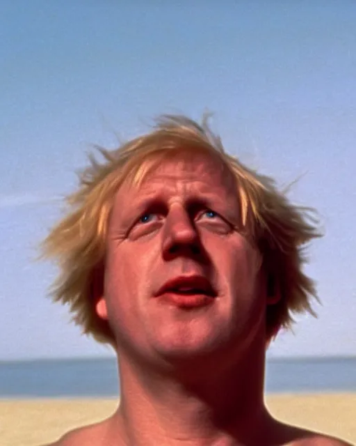Image similar to film still close - up shot of boris johnson doing cartwheels on the beach from the movie monty python's the meaning of life. photographic, photography