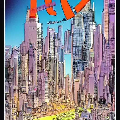 Prompt: A digital art of a city in 2055, detailed award winning comic cover by moebius