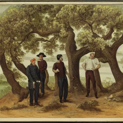 Image similar to 4 men resting by an oak tree