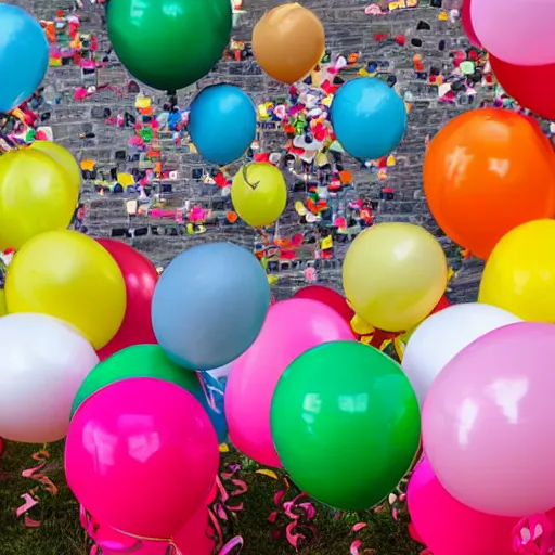 Prompt: plenty of birthday balloons with a smiley face