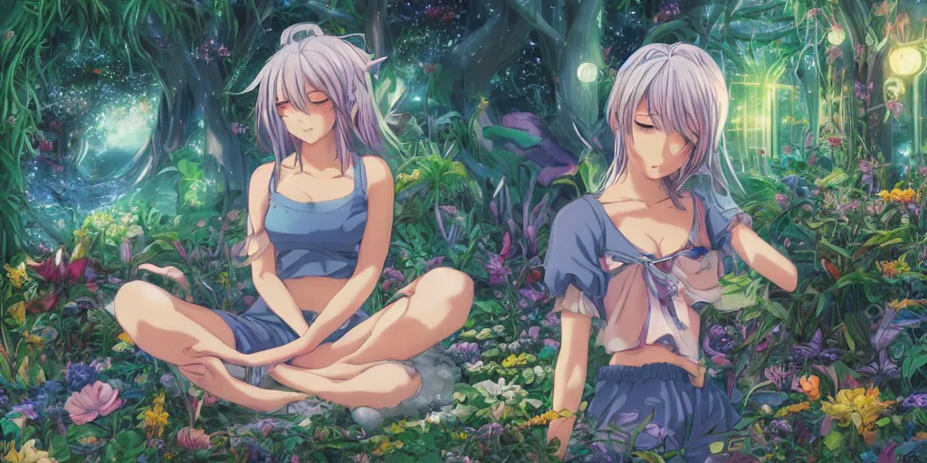 Image similar to anime key visual of a pretty girl with blue flowing hair, wearing sweatpants and a crop top, meditating in a magical fantasy garden, lofi feel, magical, highly detailed, digital art, artstation, smooth, hard focus, illustration, art by artgerm - in the style of final fantasy and studio ghibli