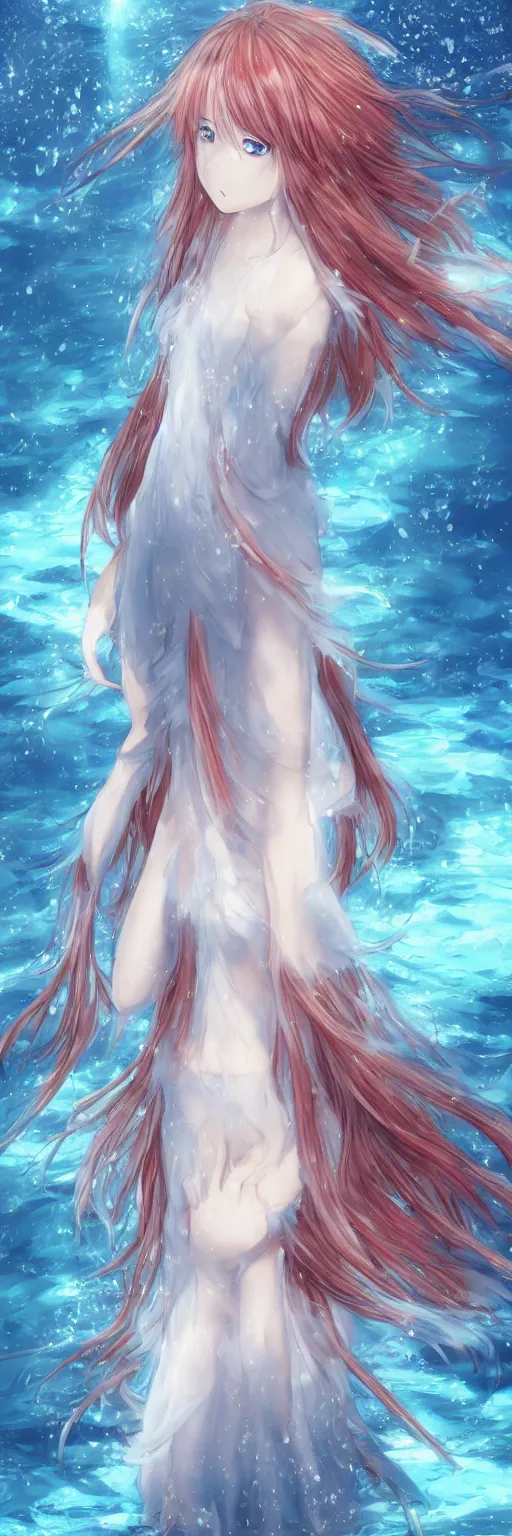 Prompt: advanced digital anime art, a very cute gorgeous teenage girl wearing a dress made of water standing in a reflective lake, full body, very long snow colored hair, sky blue highlights in hair, red fiery watery eyes, full round face, dramatic cinematic lighting, wideshot, highly intricately detailed, trending on pixiv, Artstation, painted by Rossdraws and the style of Sakimimichan