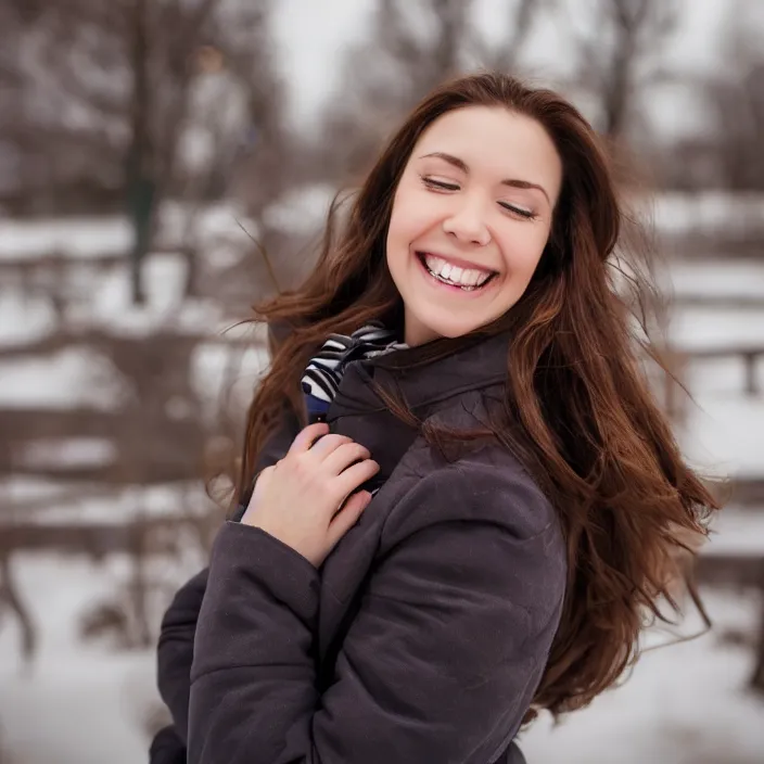 Prompt: a beautiful girl from minnesota, brunette, joyfully smiling at the camera with her eyes closed. thinner face, irish genes, dark chocolate hair, colour, wearing university of minneapolis coat, perfect nose, morning hour, plane light, portrait, minneapolis as background.