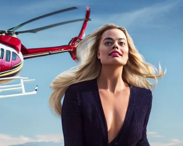 Image similar to a photo of margot robbie falling in the sky next to a helicopter, hyper realistic faces, beautiful eyes, cinematic, long shot, hyper detailed, 8 5 mm photograph, 8 k resolution, film still, sharp lens, wide lens