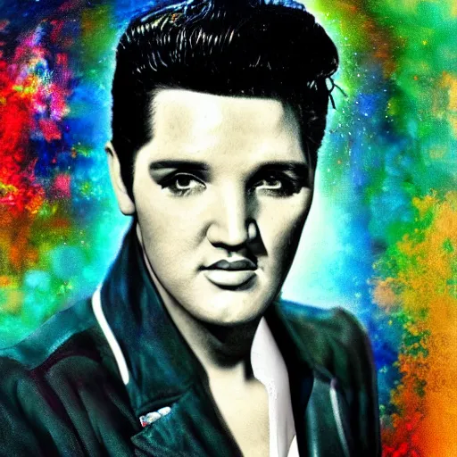 Image similar to an artistic portrait of elvis presley, dreamlike, romantic, high quality, studio photography, colorful, hero, heroic, beautiful, in the style of vincent van gogh