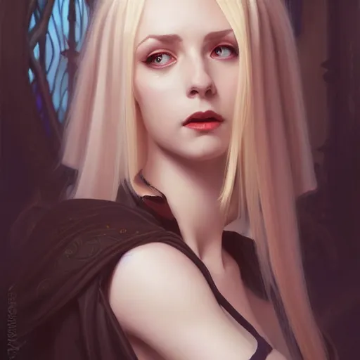 Prompt: Portrait of seductive female priest, D&D, revealing stylish dress, choker on neck, long blonde hair, mouth slightly open, slight nerdy smile, fantasy, intricate, elegant, highly detailed, digital painting, artstation, concept art, smooth, sharp focus, illustration, art by artgerm and greg rutkowski and alphonse mucha