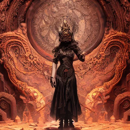 Prompt: alchemist with thick black curls wearing an ornate bronze horned helmet and red dress standing in a sandstone ruin intricate artwork by Tooth Wu and wlop and beeple and Dan Mumford. Octane render, trending on artstation, greg rutkowski very coherent symmetrical artwork. Cinematic, hyper realism, high detail 8k