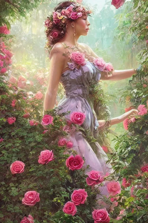 Prompt: beautiful woman in the middle of a lush garden with roses in her hair and an intricate gown, highly detailed, portrait, artstation, art by artgerm and greg rutkowski,