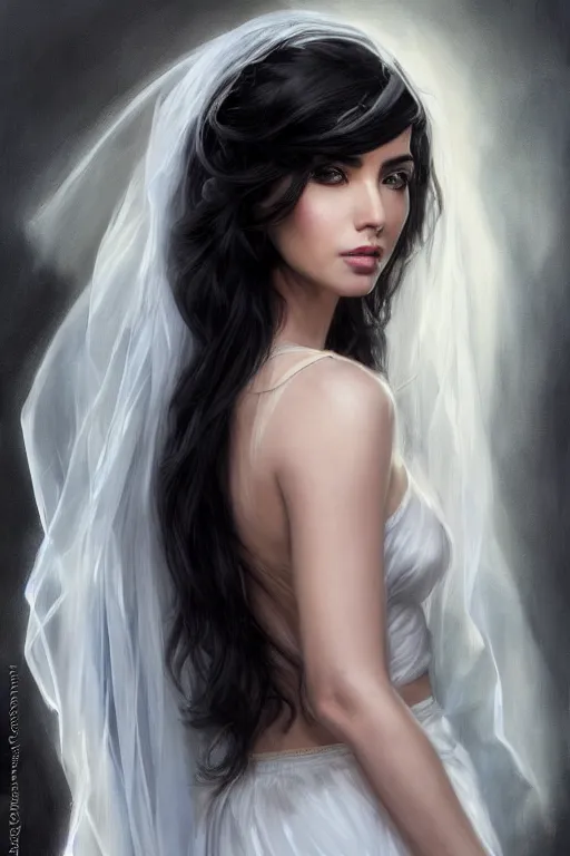 Image similar to back portrait of Ameera al-Taweel, blue eyes, long wavy black hair, fierce look, white veil, closeup, focus face, elegant, highly detailed, centered, digital painting, artstation, concept art, art by artgerm and donato giancola and Joseph Christian Leyendecker, Ross Tran, WLOP