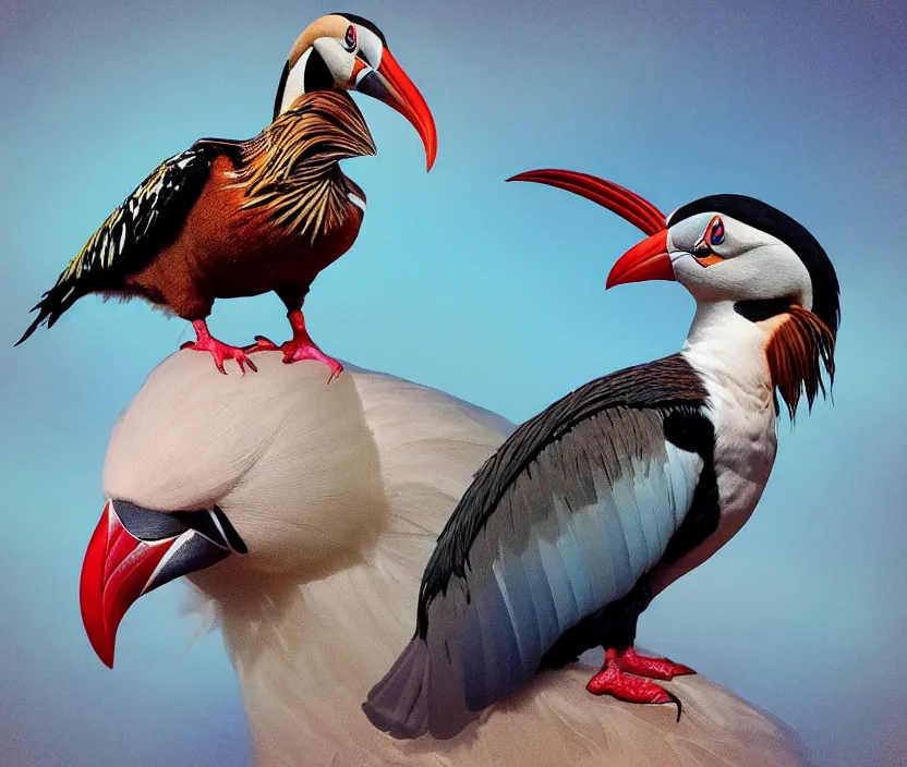 Image similar to a realistic photo of a semi - translucent creature made of birds, creature wrinkles feathers exotic morphing hoopoe, pheasant skin merged sky animal, atlantic puffin, turaco morphing chicken, clear, global illumination, refraction, king vulture head, displacement map, bump map, normal map