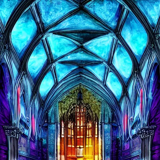 Image similar to large gothic hall with a large moon on the ceiling, cyberspace, soft light, art station, detailed, colorful, symmetrical