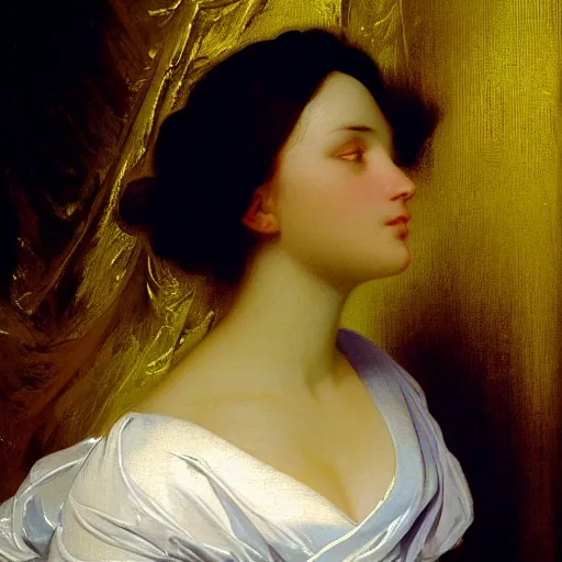 Image similar to a young woman's face in flowing sheets of cobalt blue gold chrome silver satin, by ivan aivazovsky syd mead moebius roger dean donato giancola michael whelan yoshitaka amano jan de heem pieter claesz paul delaroche alma tadema aelbert cuyp willem claesz isaac levitan, hyperrealistic volumetric light render