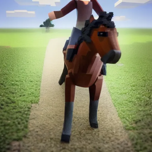 Prompt: cute hyperrealistic annie leonhart riding a minecraft horse in minecraft, beautiful face, pale skin, rule of thirds, cinematic lighting, rainy weather, melancholy atmosphere, sharp focus, backlit, stunning, smooth, hard focus, full body shot, instagram photo, shot on sony a 7 iii, hyper realistic