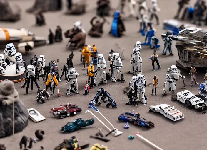 Image similar to a photo of a epic grand scale diorama of star wars figures and vehicles canon, macro photography, tilt - shift photography