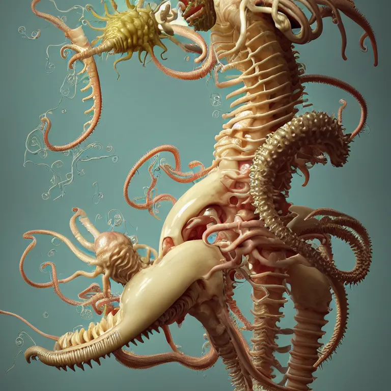 Image similar to still life of white xenomorph, beautiful pastel color tropical flowers, glossy metallic human spine, spiky tentacles, human body parts, colorful mold, baroque painting, beautiful detailed intricate insanely detailed octane render, 8K artistic photography, photorealistic, perfect composition, golden ratio, chiaroscuro, Raphael, Caravaggio