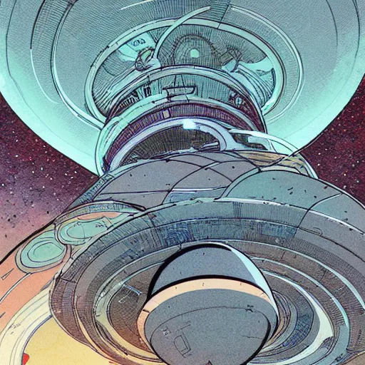 Prompt: a torus space station above Jupiter in the style of Moebius and Ashley wood
