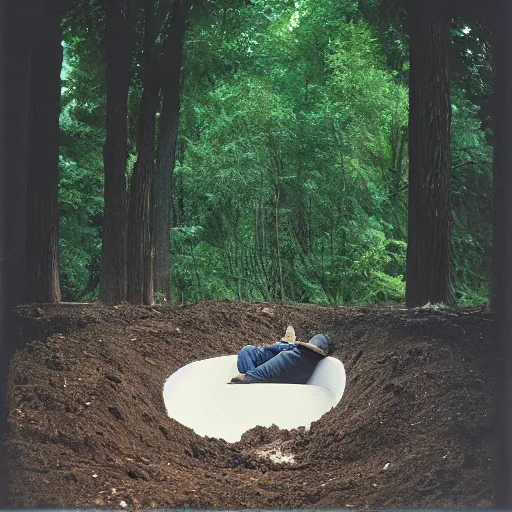 Prompt: a man digs a hole under a group of trees next to a man sleeping on a black and white swirl, cinematic, Kodak Portra 800 film