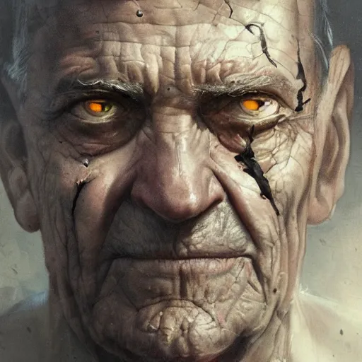 Image similar to close-up, symmetrical, portrait of an old man, bruised, scarred, marvel art, art by greg rutkowski, matte painting, trending on artstation