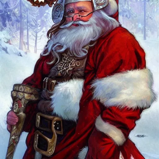Prompt: santa claus wearing a viking helmet, art by artgerm, greg rutkowski and alphonse mucha
