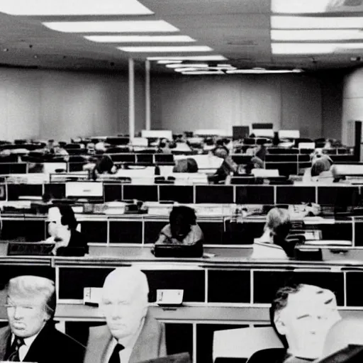 Image similar to candid color photo of Donald Trump nervously sitting at an enormous bank of very complicated, 1970's looking computers trying to blend in to avoid the fbi officers searching for him