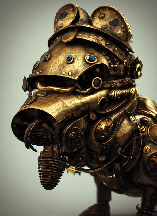 Image similar to a macro photo of amazing steampunk armored dog with ruby eyes and steam tubes legs, volumetric lightning, octane render, 4 k, hd, realistic reflections, extremely high detailed, soft lightning, trending on artstation, masterpiece, high resolution, bronze, gold, soft lightning