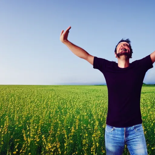 Image similar to happy man standing in a field with arms in the air