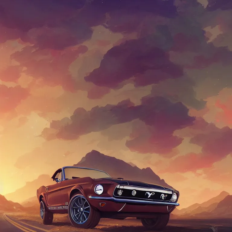 Image similar to wide view of a 1 9 6 8 mustang driving down a country road, coriolios rpg art style, full of details, warm sunset colors, matte painting, artstation, 8 k, hyperrealistic, style of peter mohrbacher, album cover