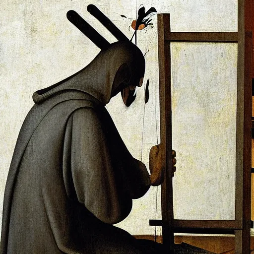 Prompt: a painter at his easel crying in despair, Hieronymous Bosch