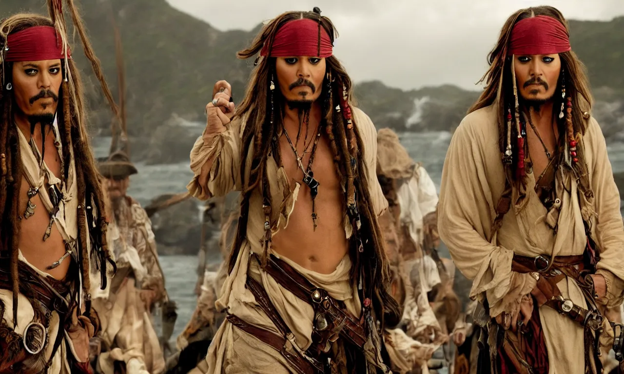 Prompt: Jack Sparrow played by Jennifer Lawrence, movie still, cinematic,