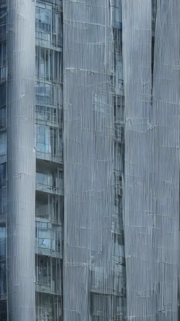 Prompt: hyperrealistic photo of a futuristic building in a urban setting. the building has many deep bounce - height balconies with many thin random columns and large windows behind. parts of the building are wrapped in billowing fabric. the fabric is translucent mesh. the fabric hangs from each balcony. sharp focus. 8 k