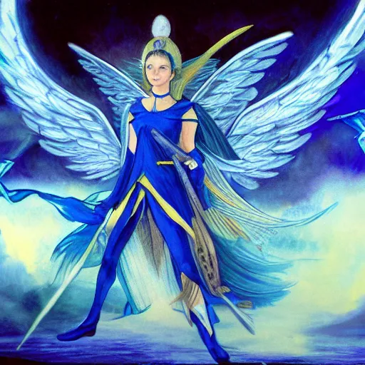 Prompt: bluefire, battlefield, angels descending upon earth to cleanse it