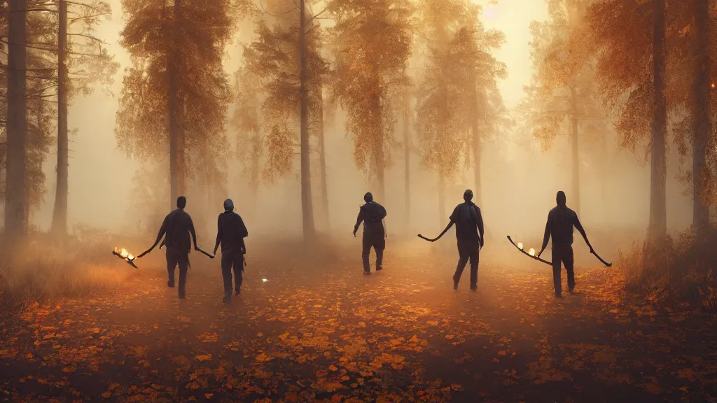 Prompt: beautiful render of several indigenous men walking holding torches, unreal engine, evening, smoke, sparks, torch, soft light, forest, fall, orange leaves, larches, early morning, fog, mist, by greg rutkowski, cgsociety