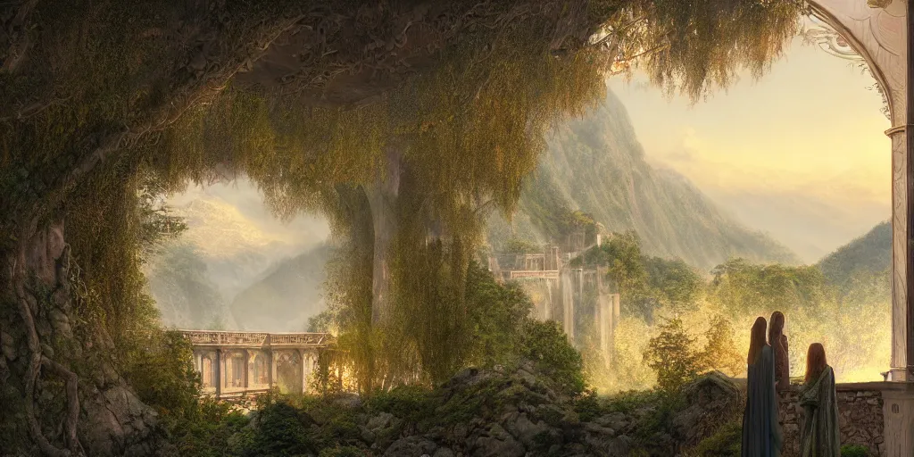 Prompt: Rivendell, looking out from the balcony, evening, detailed matte painting, cinematic, Alan Lee, Artstation