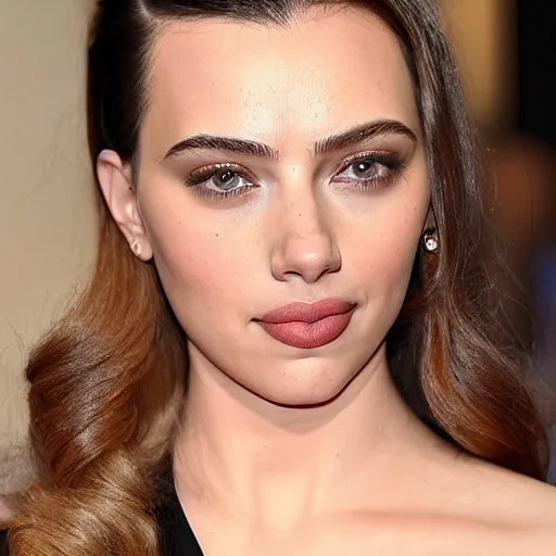 Image similar to a woman who is a genetic combination of kim kardashian and kat dennings and scarlett johansson and margot robbie and emma watson, face and upper - body focus