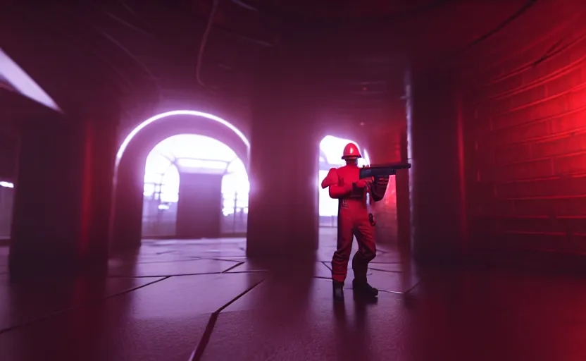 Prompt: in-game screenshot of a dark red hazmat scientist holding a gun walking on unreal engine 5, in a liminal underground garden, photorealistic, octane render, retrofuturism, brutalism, staggered terraces, minimalist