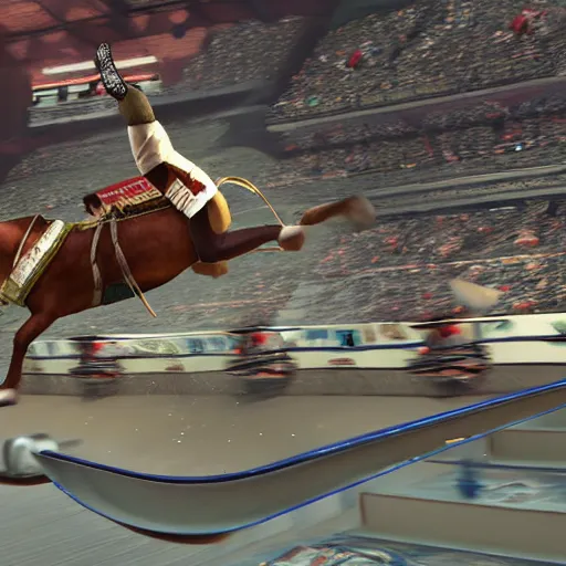 Prompt: roman horsedrawn chariot racer jumping high on half pipe, fish lense, Tony Hawk, video game