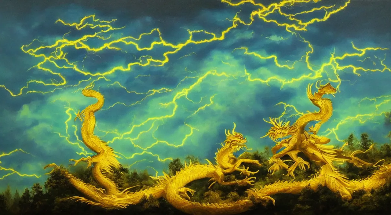 Image similar to beautiful oil painting of golden eastern dragon in sky, green lightning, night clouds, above forest