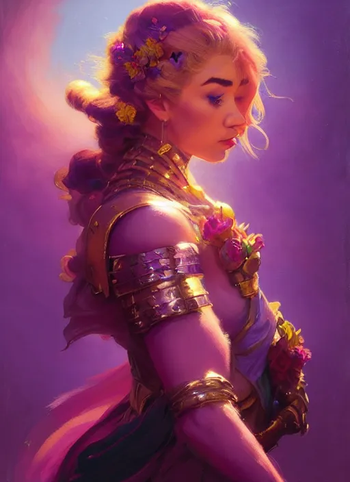 Image similar to side portrait, imogen poots, paladin, gloomhaven, colorful gaudy colors, luminescent, hard edges, bloom, organic painting, by greg manchess, huang guangjian, gil elvgren, greg rutkowski, jesper ejsing, magali villeneuve, artgerm, ilya kuvshinov