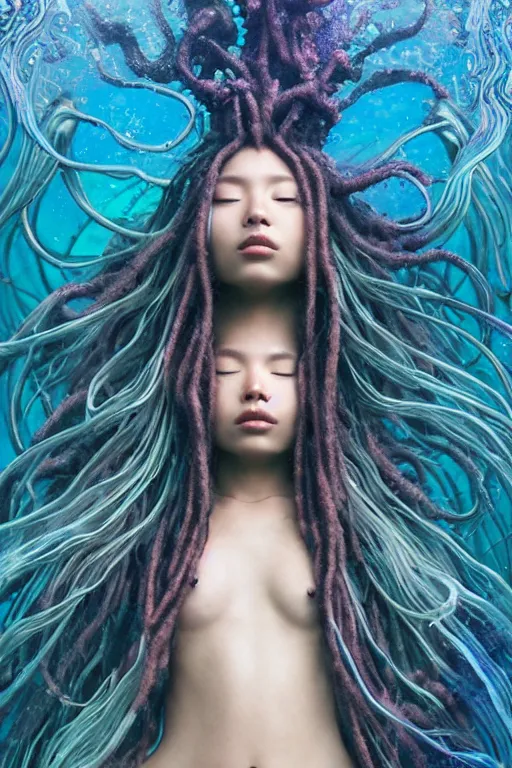 Image similar to a centered full body render of a dancing festival hippy with long flowing dreadlocks surrounded by a underwater ink pour and flowing liquid gallium and sacred geometry, perfect body and face, gorgeous, cinematic, beautifully lit, by miho hirano, by karol bak, by donato giancola, 3 d, trending on artstation, octane render, 8 k