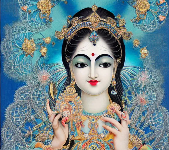 Image similar to breathtaking detailed concept art painting art deco pattern a beautiful krishna with blue skin on sitted on an intricate metal throne, hands pressed together in bow, light - blue flowers with kind piercing eyes and blend of flowers and birds, by hsiao - ron cheng and john james audubon, bizarre compositions, exquisite detail, extremely moody lighting, 8 k h 1 0 2 4