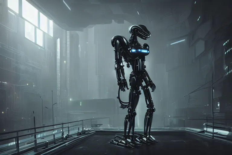 Image similar to cyberpunk alien concept inspired robot, futuristic look, highly detailed body, very powerful, photorealistic camera shot, bright studio setting, studio lighting, crisp quality and light reflections, unreal engine 5 quality render