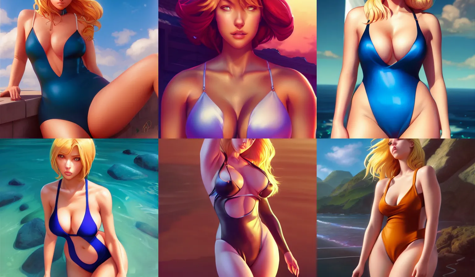 Prompt: beautiful wide angle portrait of a curvy, gorgeous swimsuit model who looks like Samus Aran, character design by charlie bowater, ross tran, artgerm, and makoto shinkai, detailed, soft lighting, rendered in octane