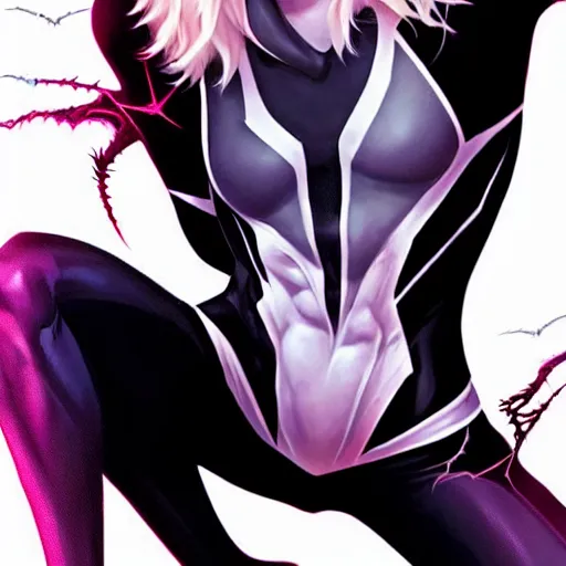 Prompt: gorgeous female Emma Stone as Spider-Gwen as venom sharp teeth, realistic character concept, medium shot, evil pose, comic book, illustration, slender symmetrical body, cinematic lighting, hyperdetailed, Tom Bagshaw, Joshua Middleton, single face, insanely detailed and intricate, dark and smokey background