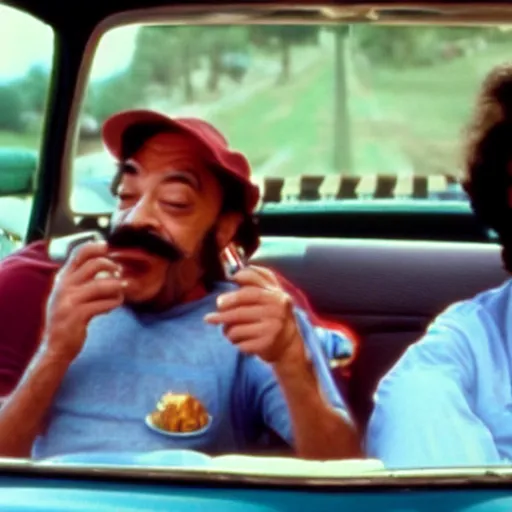 Image similar to cheech and chong smoking in a car, realistic, 4 k,